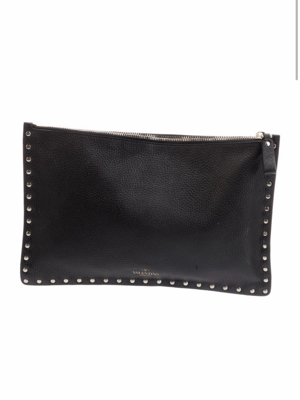 Valentino Black Rockstud Pebbled Leather Zip Pouch